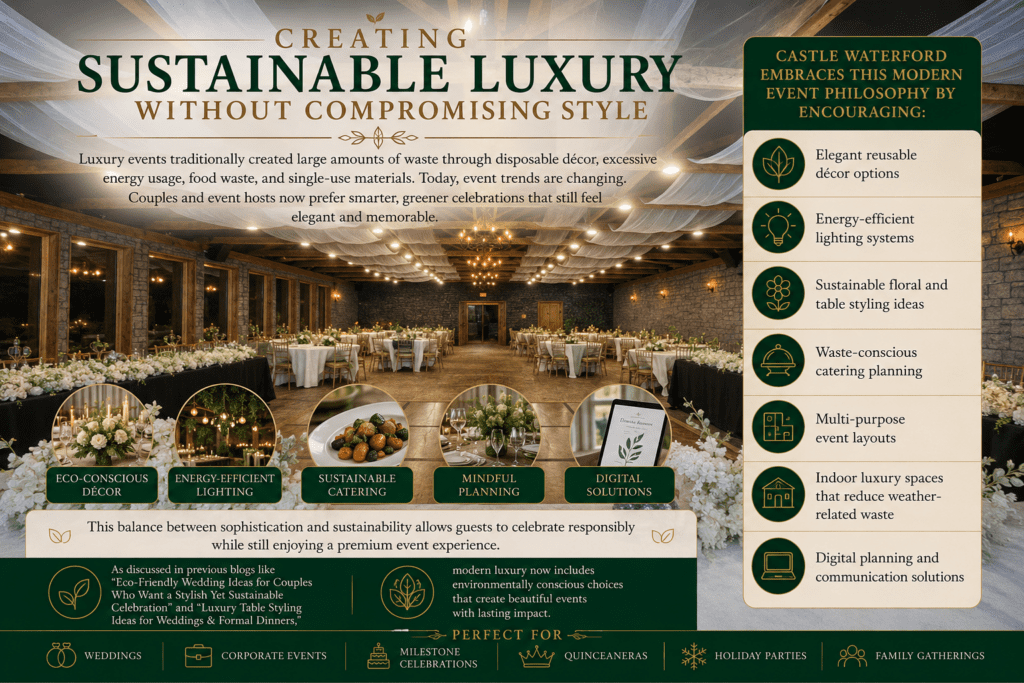 Sustainable luxury event venue infographic showcasing an elegant ballroom, eco-friendly practices, and green event planning tips.