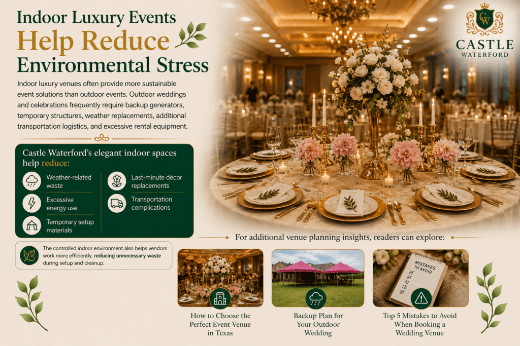 Elegant wedding reception setup with floral centerpieces, formal table settings, and luxury venue décor focused on reducing event planning stress.