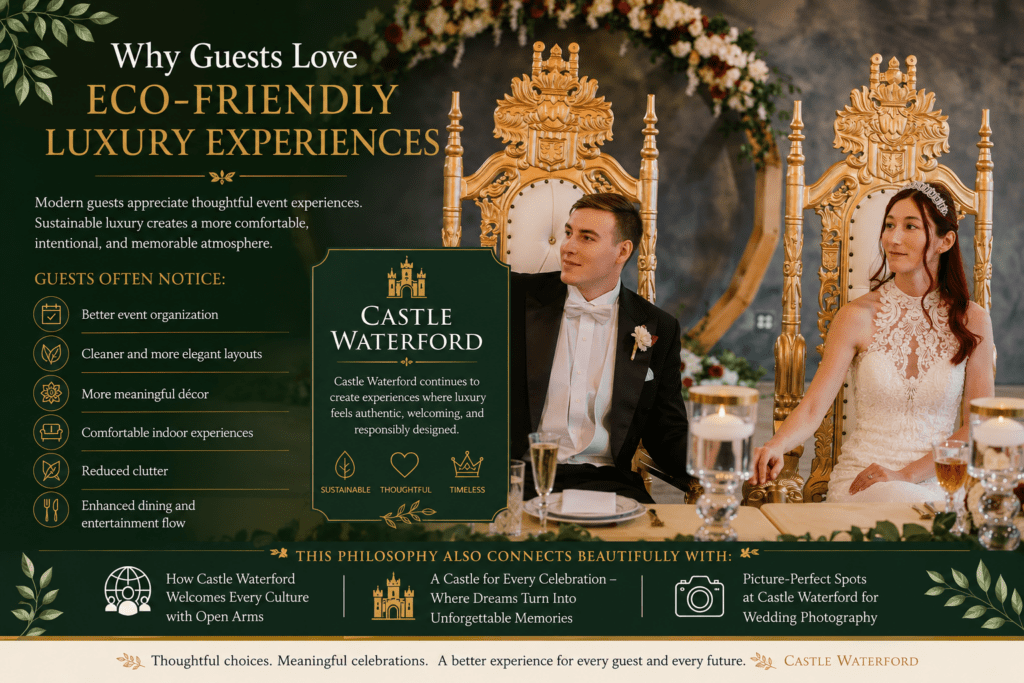 Elegant wedding venue promotional graphic featuring a groom in a formal tuxedo, luxurious décor, and eco-friendly event experience highlights.