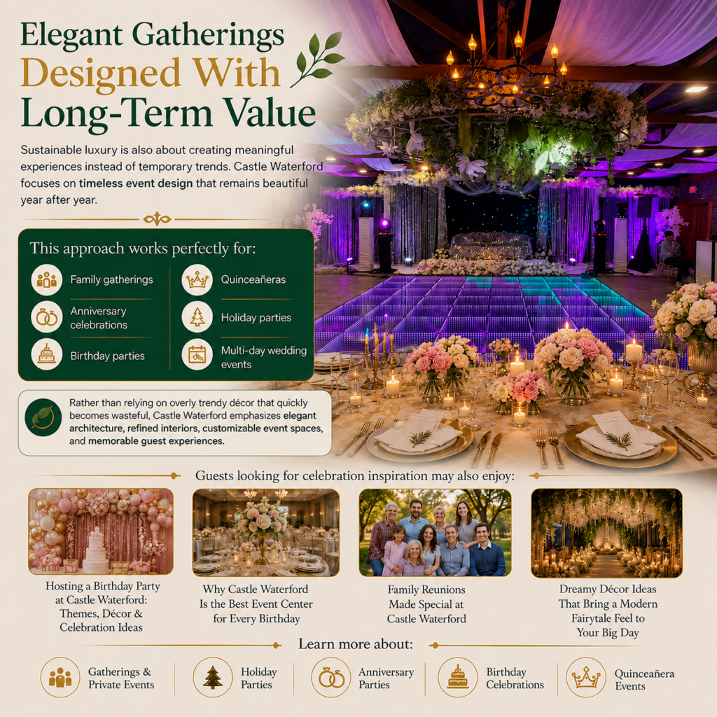 Elegant event venue decorated for a celebration with floral centerpieces, ambient lighting, and luxury banquet tables.