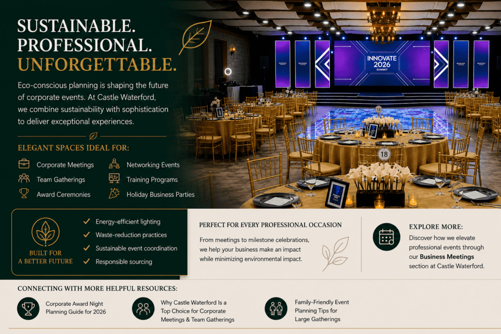 Corporate event setup featuring banquet seating, presentation screens, and professional conference staging in an elegant venue.