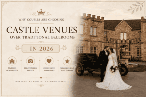 Wedding couple sharing their first dance and guests celebrating on a vibrant LED dance floor at Castle Waterford, featuring elegant décor, romantic lighting, and a luxury reception setting.