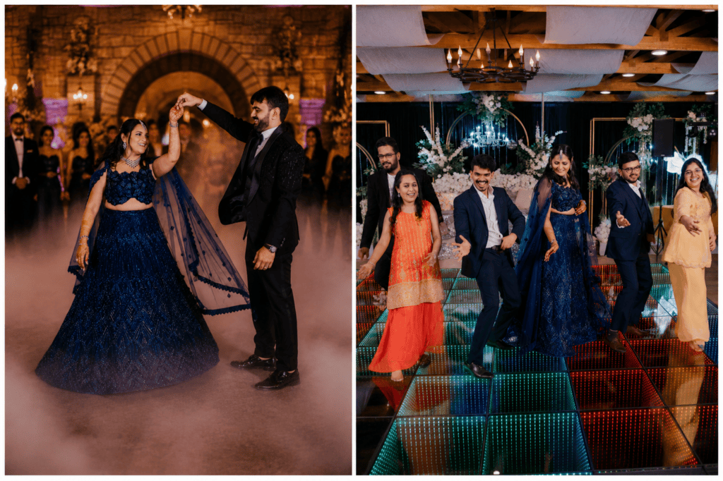 Bride and groom sharing their first dance with romantic low-lying fog, alongside guests celebrating on a colorful LED dance floor at Castle Waterford in Royse City, Texas.