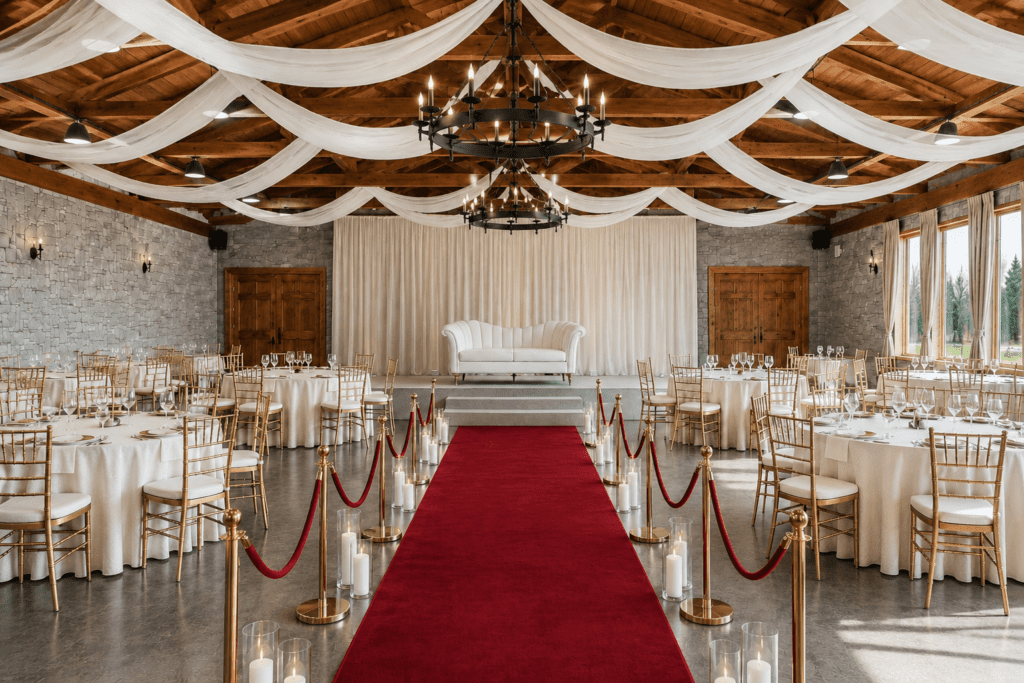 Elegant wedding ceremony setup featuring a red carpet aisle, white stage seating, chandelier lighting, and draped ceiling décor in a luxurious ballroom.