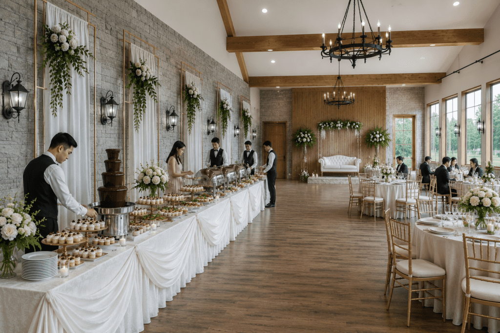 Elegant wedding buffet setup featuring beautifully arranged serving stations, floral décor, and a spacious reception hall with rustic charm.