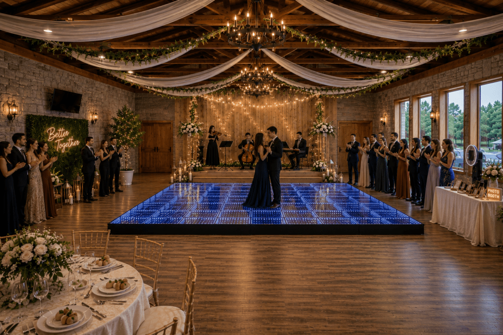Couple dancing on an illuminated LED dance floor surrounded by guests in an elegant ballroom with chandelier lighting and draped ceiling décor.