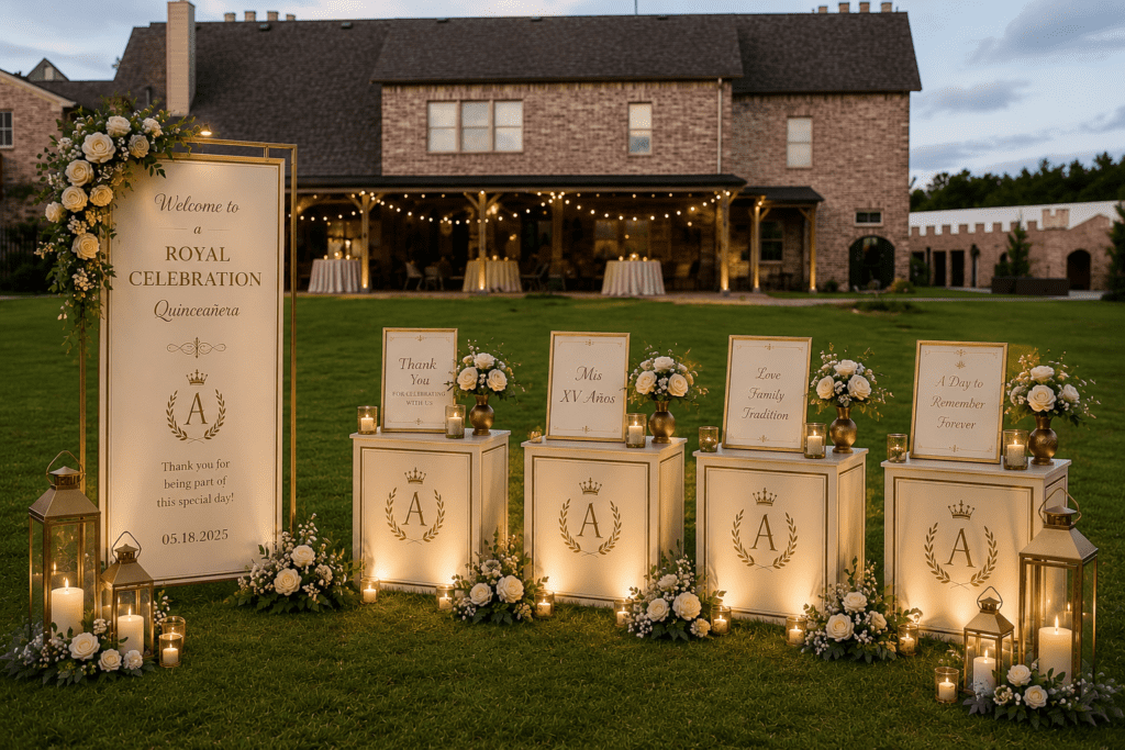 Elegant wedding welcome display featuring personalized signage, floral arrangements, candlelight accents, and a beautifully illuminated venue in the background.