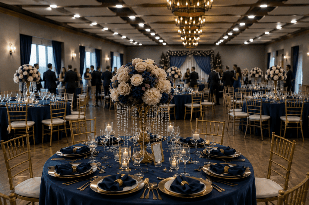 Elegant banquet table setup featuring navy and gold tableware, floral centerpieces, and a luxurious event hall prepared for a formal celebration.