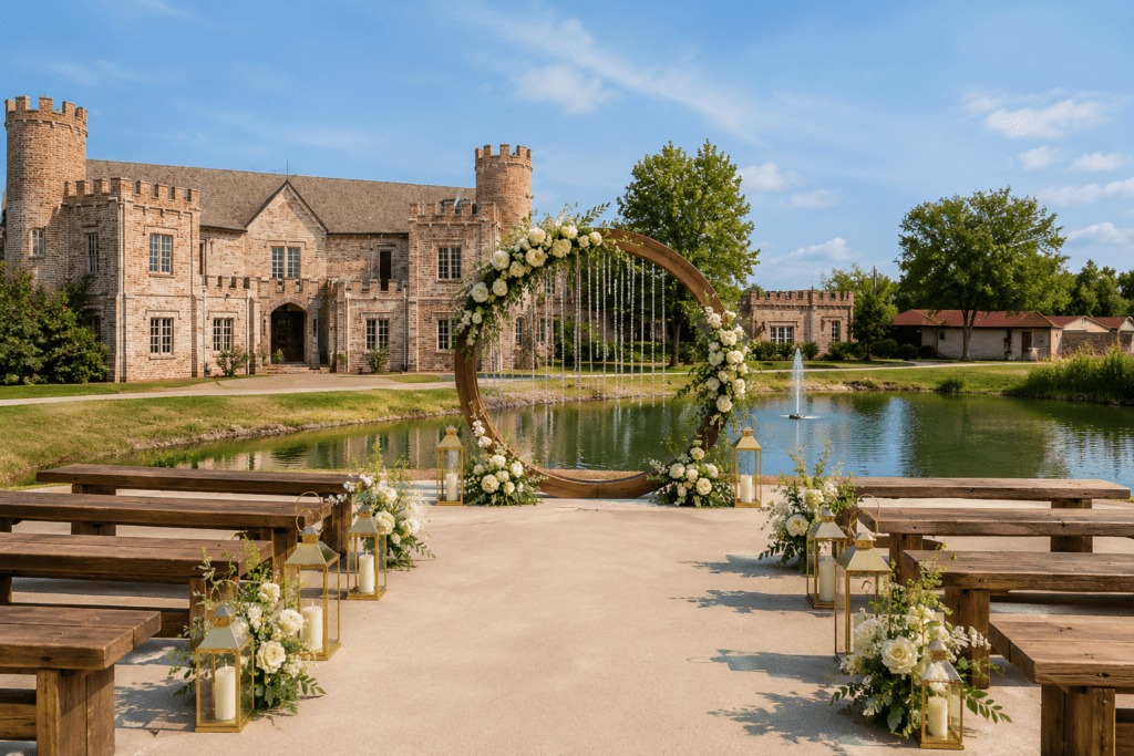 Outdoor wedding ceremony setup beside a scenic lake, featuring a floral arch, aisle décor, and a castle-inspired venue backdrop.