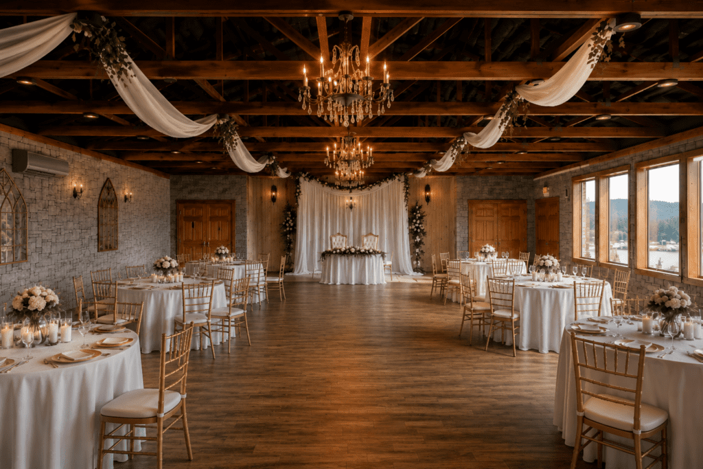 Elegant wedding reception hall featuring chandelier lighting, draped ceiling décor, polished wood floors, and beautifully arranged dining tables.