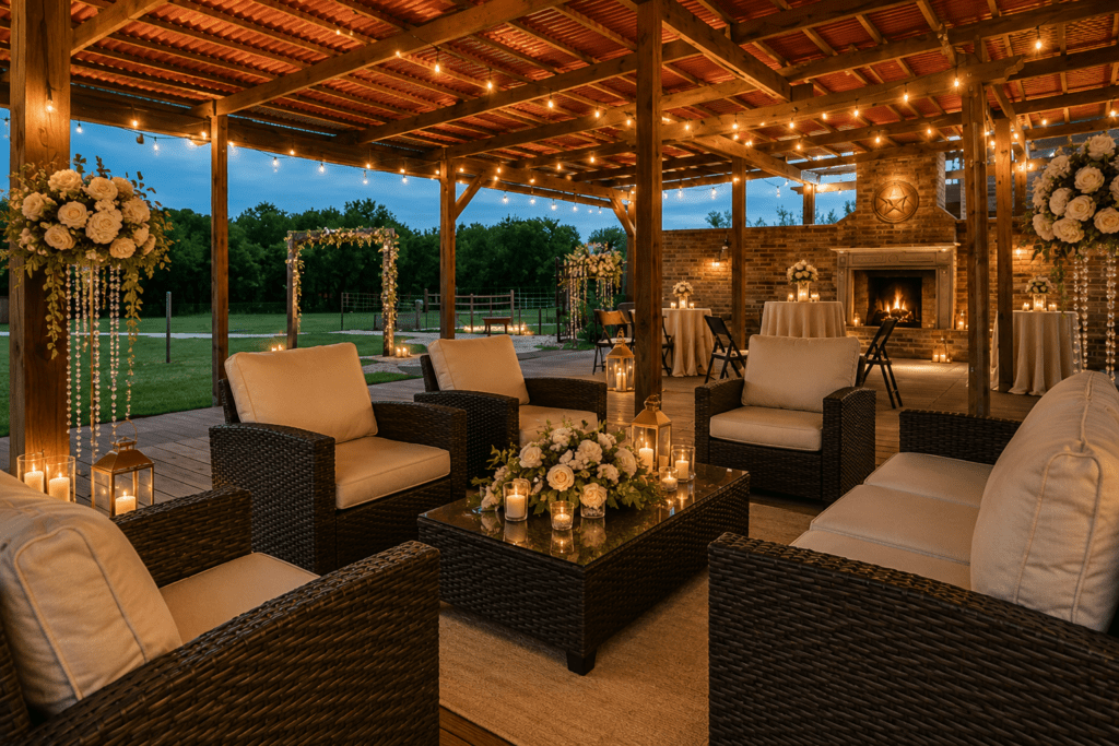 Elegant outdoor lounge area with comfortable seating, candlelit table décor, and scenic countryside views at a luxury event venue.