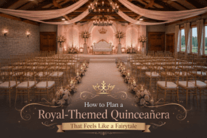 Elegant ballroom decorated for a royal-themed quinceañera celebration with a floral-lined aisle, luxurious seating, and grand chandelier lighting.