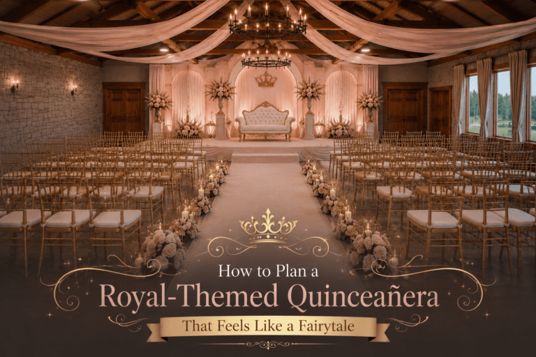 Elegant ballroom decorated for a royal-themed quinceañera celebration with a floral-lined aisle, luxurious seating, and grand chandelier lighting.