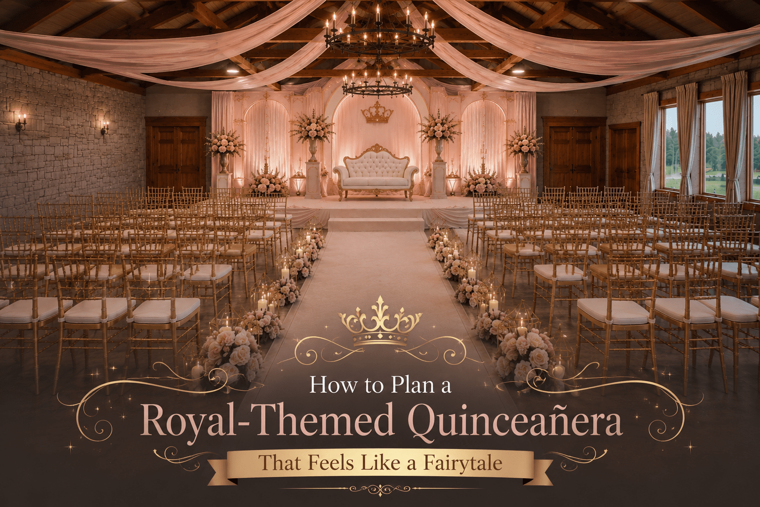 Elegant ballroom decorated for a royal-themed quinceañera celebration with a floral-lined aisle, luxurious seating, and grand chandelier lighting.