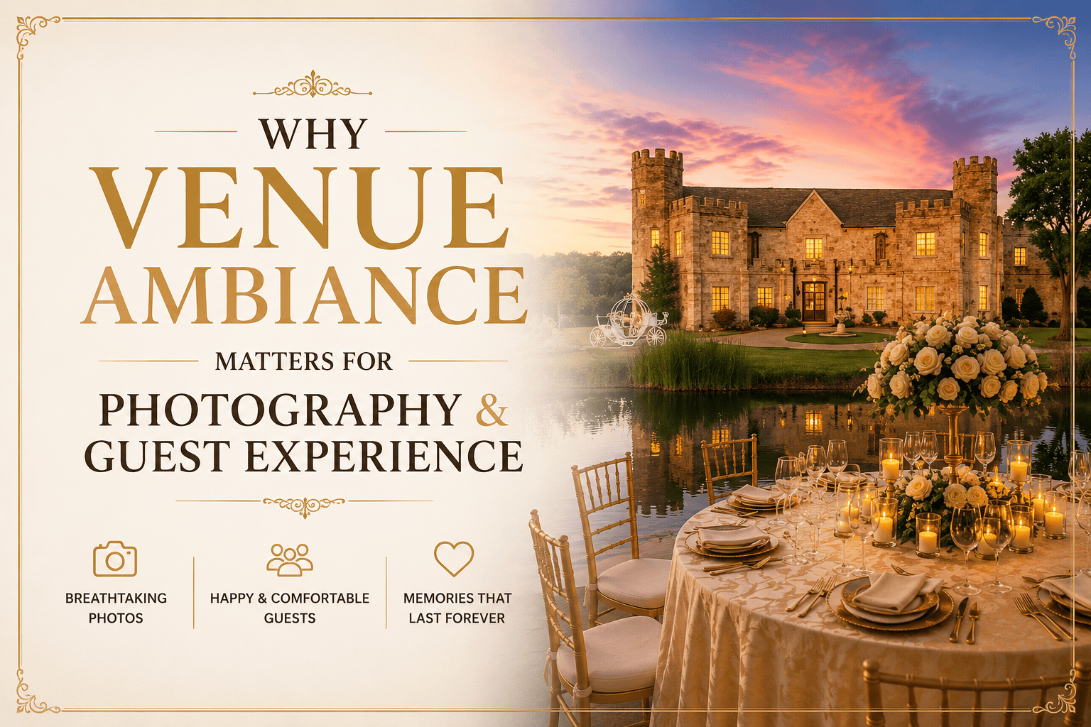 Elegant outdoor wedding reception at Castle Waterford featuring candlelit tables, floral centerpieces, lakeside views, and the illuminated castle at sunset in Royse City, Texas.