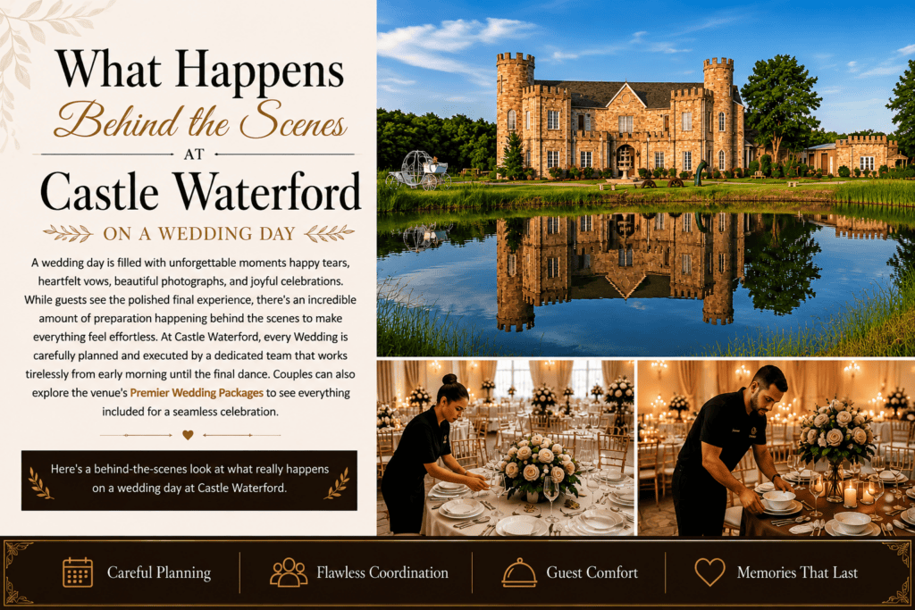 Collage showcasing behind-the-scenes wedding planning at Castle Waterford, featuring the castle exterior, event staff preparing reception tables, and elegant wedding setup in Royse City, Texas.
