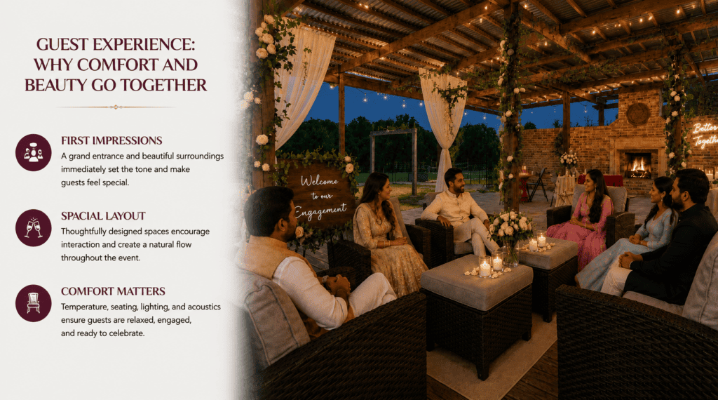 Guests relaxing in an elegant outdoor lounge with a fireplace, cozy seating, and ambient lighting at Castle Waterford in Royse City, Texas.