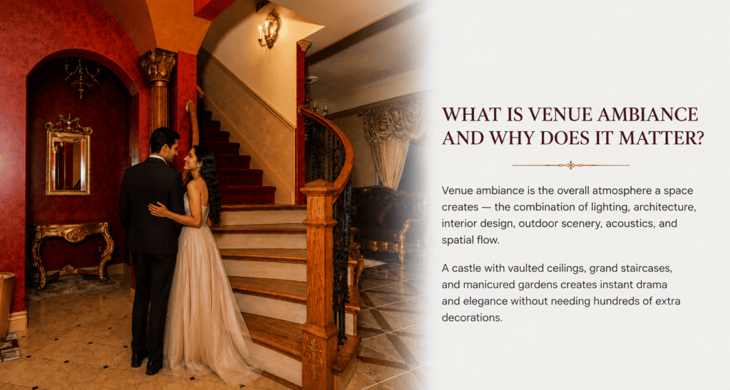 Bride and groom standing on a grand staircase inside Castle Waterford, showcasing the venue's elegant architecture, warm lighting, and luxurious wedding ambiance.