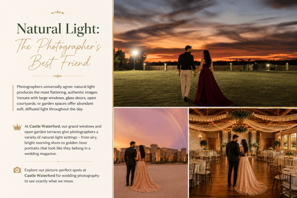 Collage showcasing natural light wedding photography at Castle Waterford, featuring a sunset couple portrait, golden hour outdoor photos, and an elegant indoor reception with soft natural lighting.