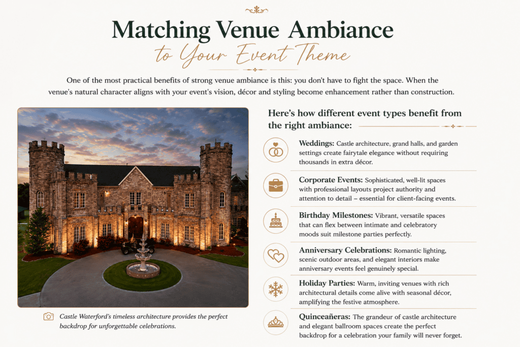 Infographic showcasing Castle Waterford's elegant castle architecture and how the venue ambiance complements weddings, corporate events, birthdays, anniversaries, holiday parties, and quinceañeras.