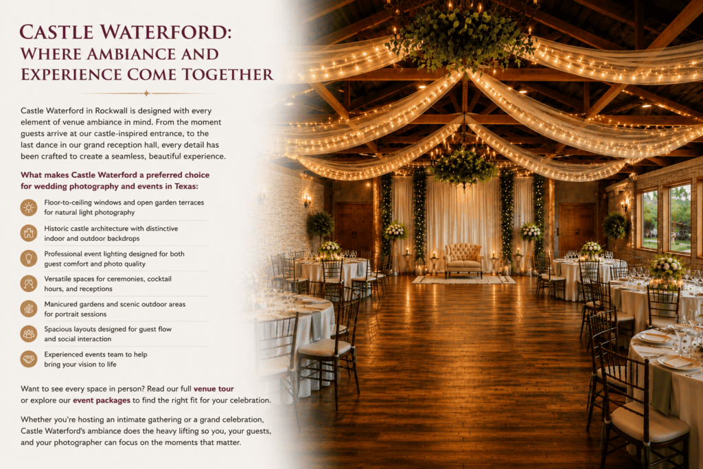Elegant reception hall at Castle Waterford featuring draped ceilings with string lights, chandeliers, floral décor, and a sophisticated event setup showcasing the venue's timeless ambiance.