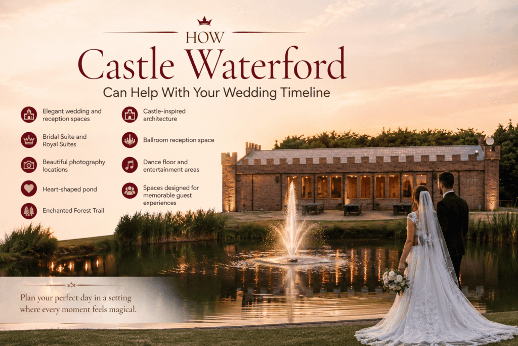 Bride and groom beside a pond at Castle Waterford wedding venue in Royse City Texas