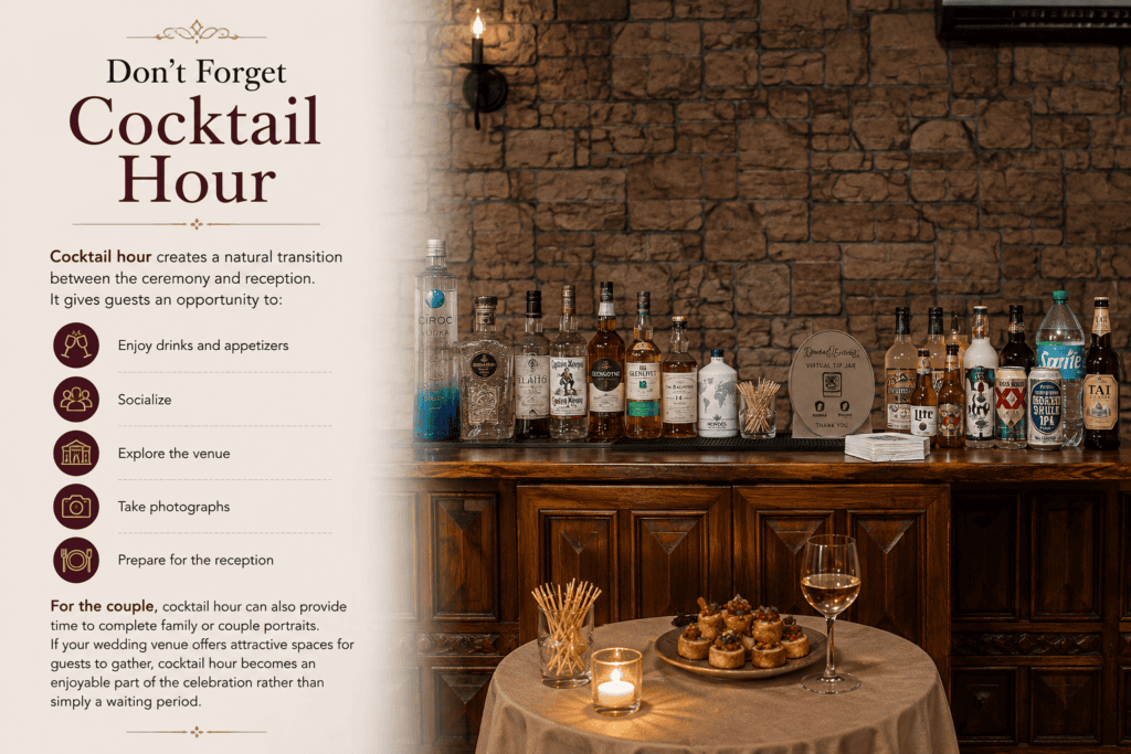 Wedding cocktail hour bar with drinks, appetizers, and a cozy reception setting