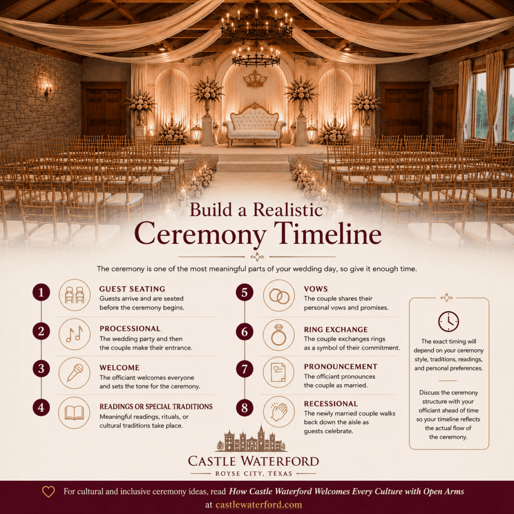 Wedding ceremony timeline with seating, processional, vows, ring exchange, and recessional