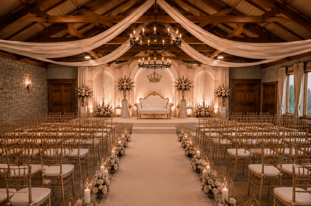 Elegant wedding ceremony setup with floral aisle decorations and draped ceiling