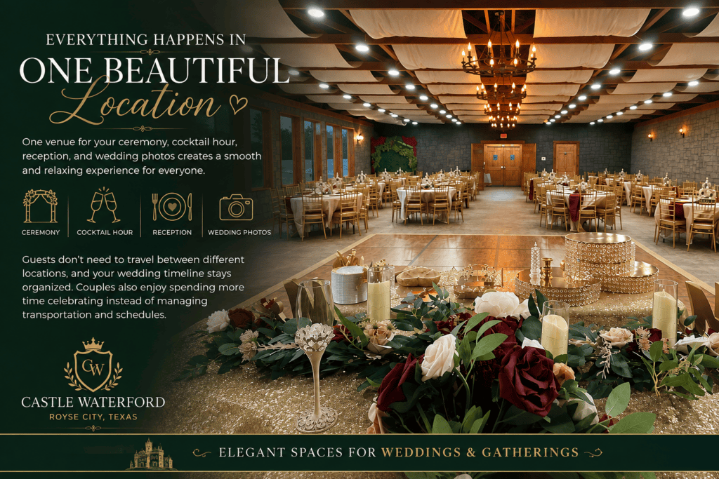 All-in-one wedding venue with ceremony, reception, and wedding photography spaces in Royse City Texas