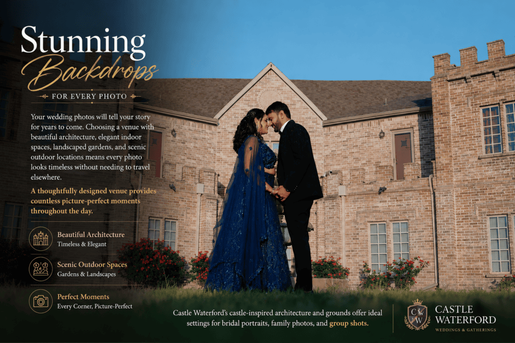 Couple posing for wedding photos in front of a castle-inspired wedding venue