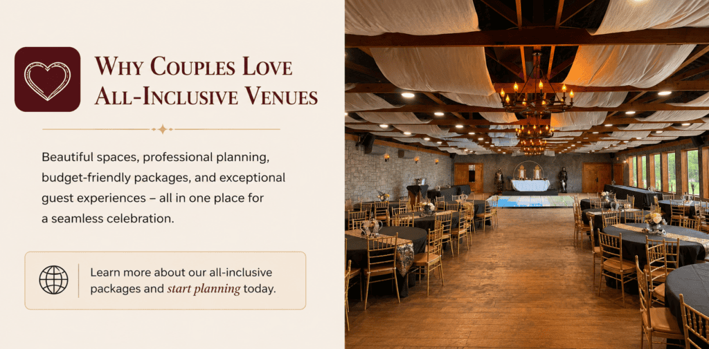 All-inclusive wedding venue with elegant reception space and decorated tables