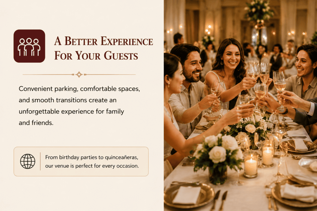 Wedding guests celebrating together at a beautifully decorated reception