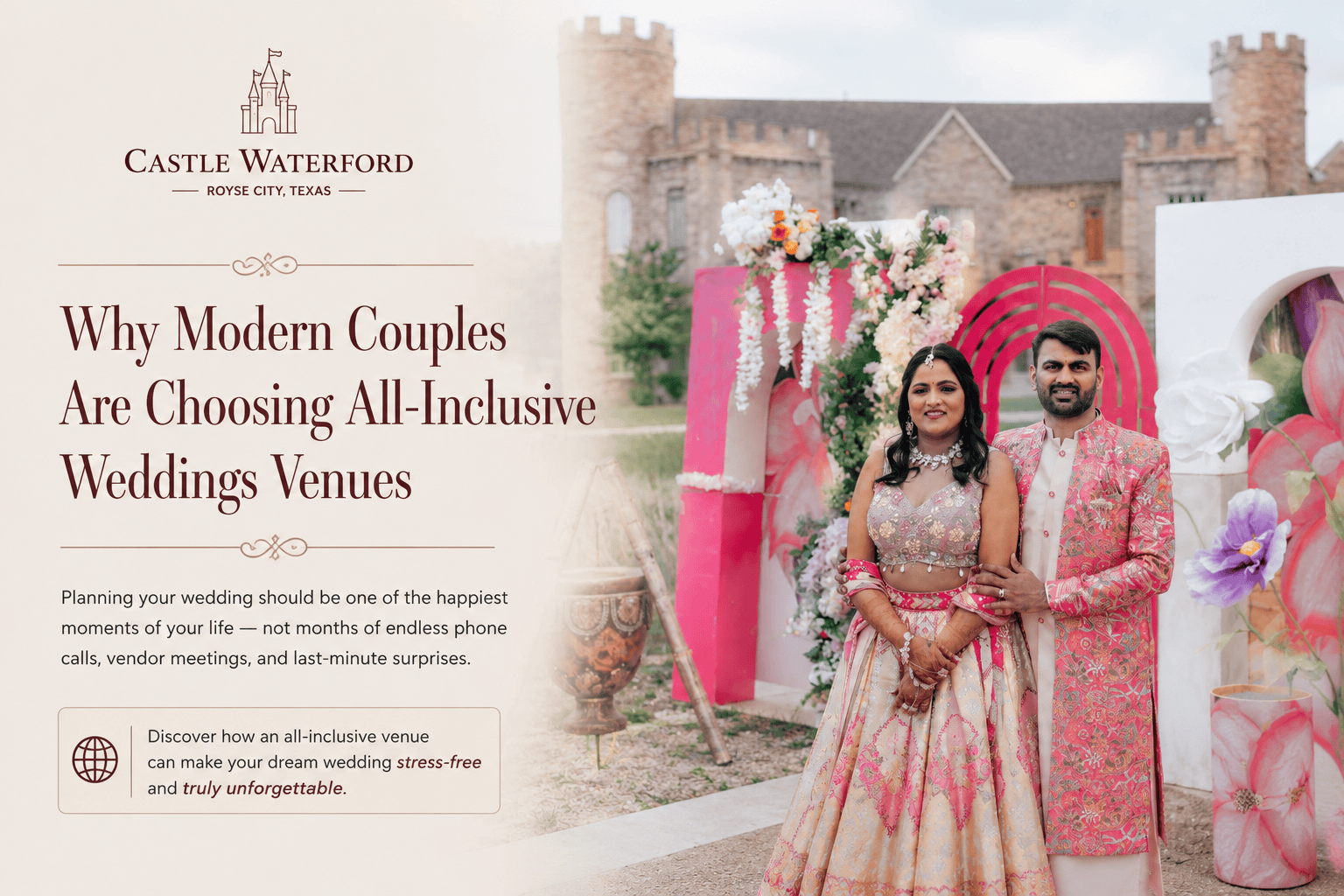 Indian wedding couple posing at Castle Waterford in Royse City Texas