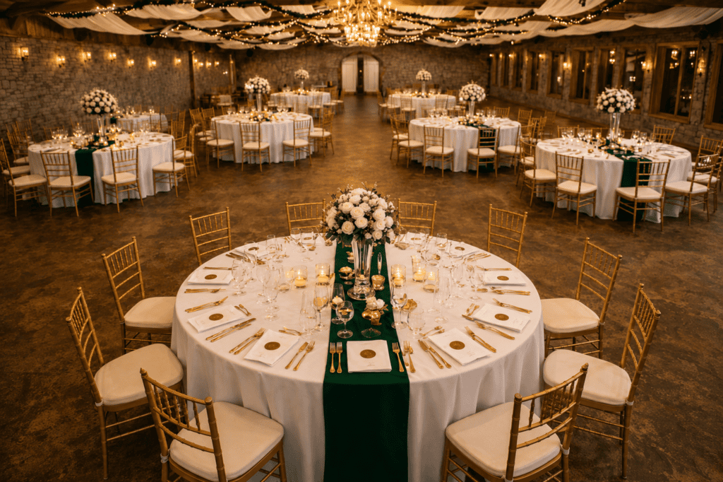 Elegant wedding reception venue with decorated round tables and floral centerpieces
