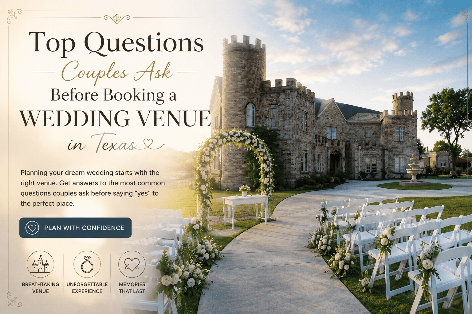 Texas wedding venue with outdoor ceremony setup and floral wedding arch
