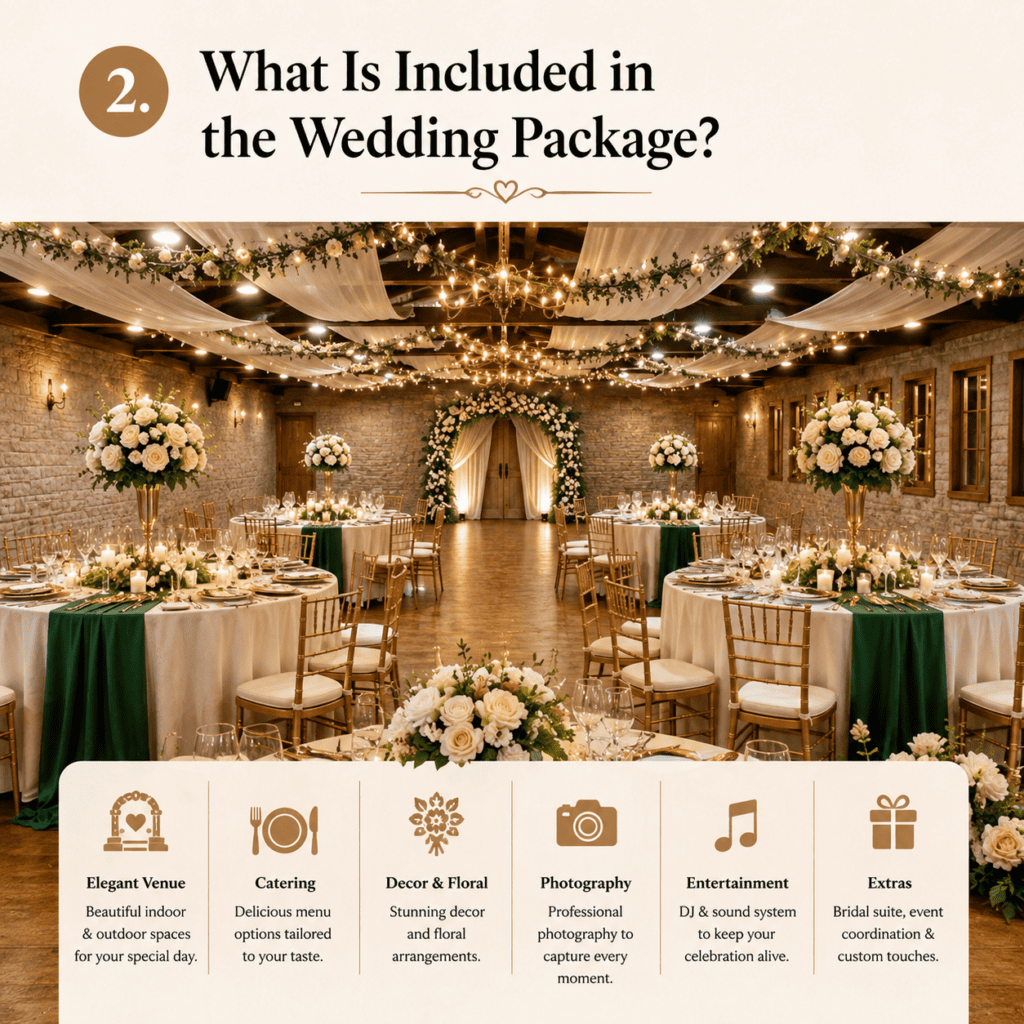 Elegant wedding venue with catering, decor, floral arrangements, photography, entertainment, and extras