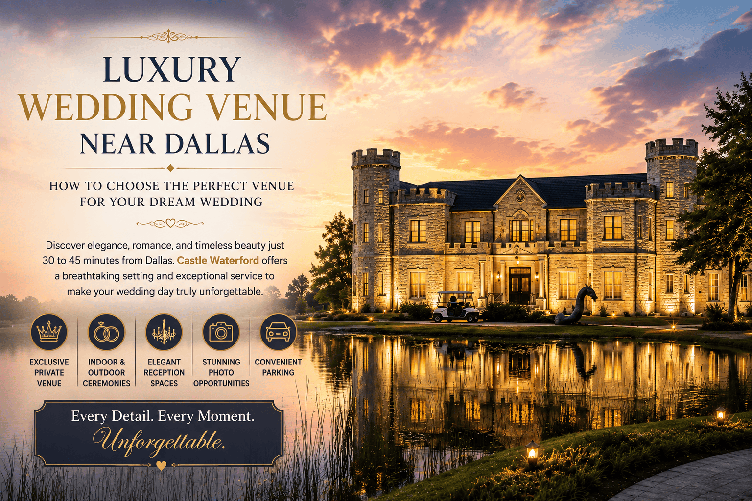 Luxury wedding venue near Dallas with illuminated castle, pond, and scenic grounds