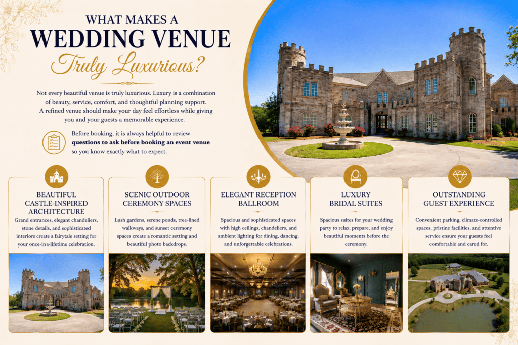 Luxury wedding venue with castle-inspired architecture, outdoor ceremony spaces, elegant reception ballroom, bridal suites, and scenic grounds
