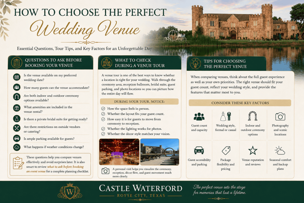 Wedding venue planning guide with Castle Waterford, venue questions, tour tips, and key selection factors