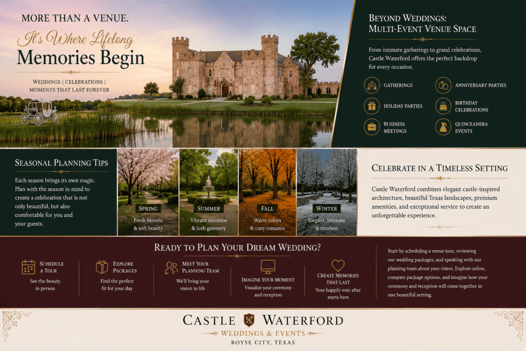 Castle Waterford wedding and event venue with seasonal grounds and celebration spaces in Royse City