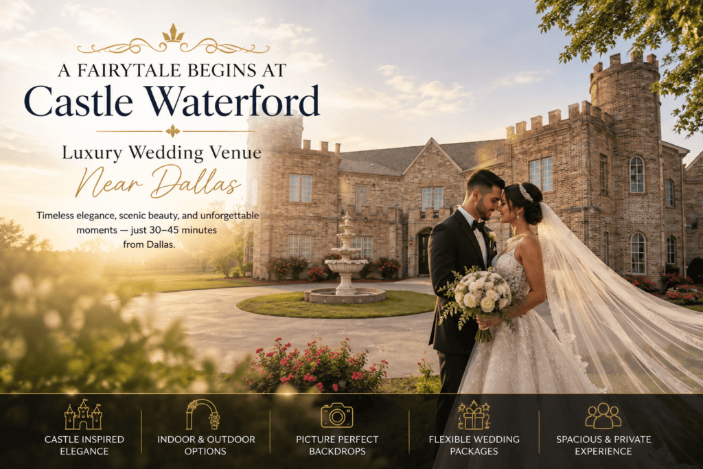 Bride and groom at Castle Waterford luxury wedding venue near Dallas Texas